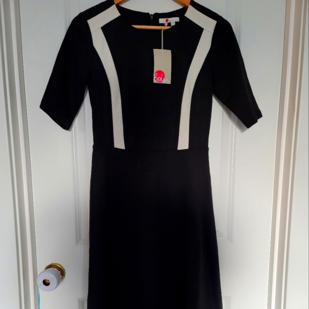 BODEN zipper midi dress short sleeves black & white size 4R fit and flare